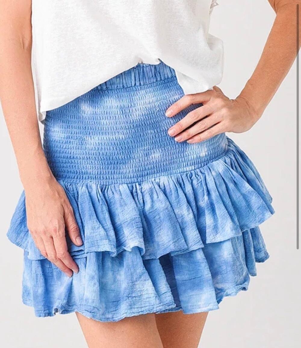 St. Bernard Honorine Tie Dye Smocked Ruffled Mini Skirt Blue XS